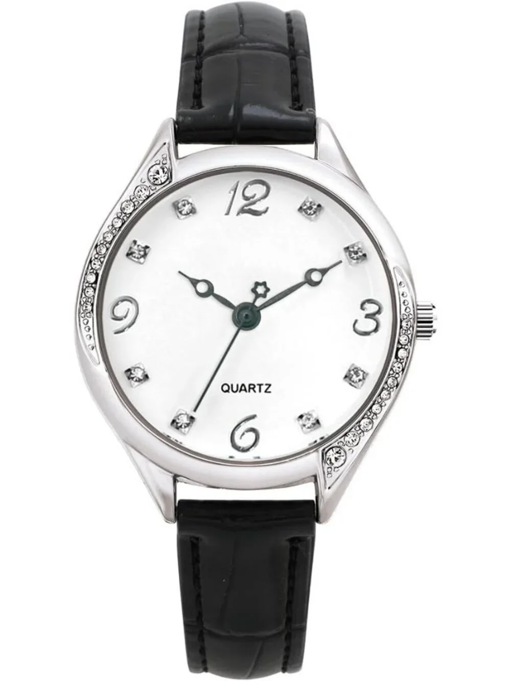 Women's Silver Analog Quartz Leather Band Crystal Rhinestone Bezel Wrist Watch